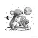 alien and koala smoking a ciggaret sitting on a log with planets in the sky  tattoo design idea