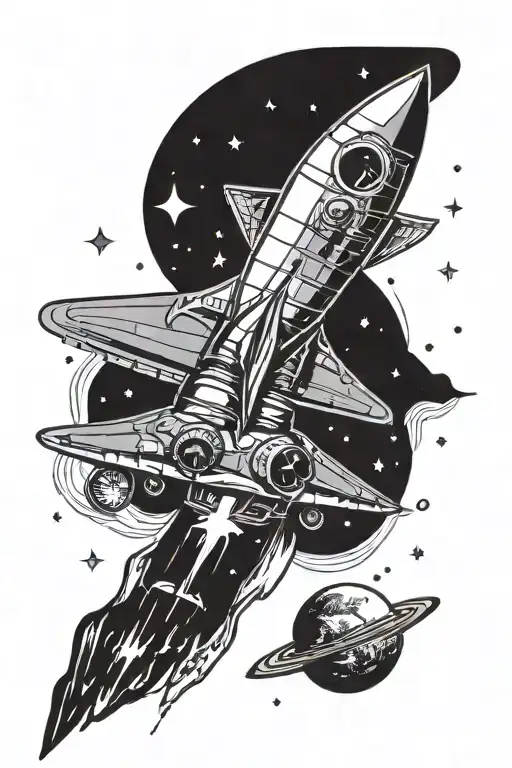 rocket ship flying in space with a salamander riding it, flying past planets tattoo design idea
