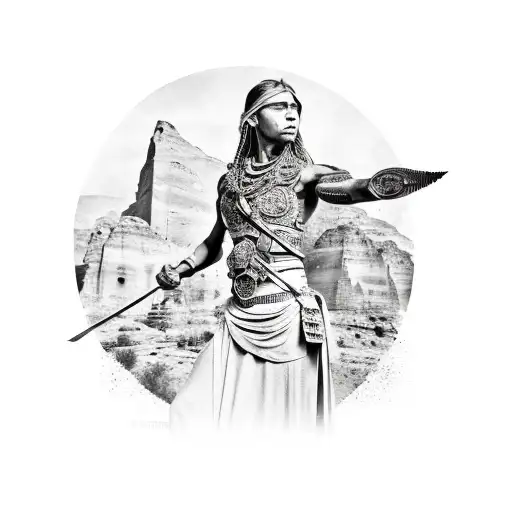 A black-grey tattoo of a warrior woman in front of the majestic ruins of Petra, inspired by Mucha artwork tattoo design idea