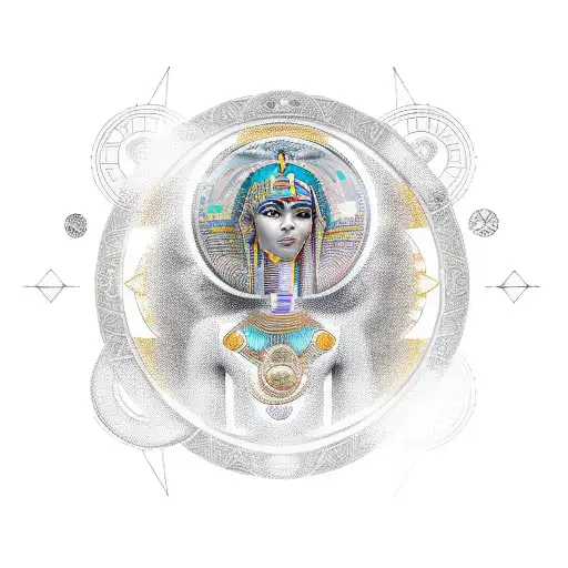 A tattoo of a pharaonic art-inspired ethereal woman surrounded by astrology symbols, in the style of dotwork tattoo design idea