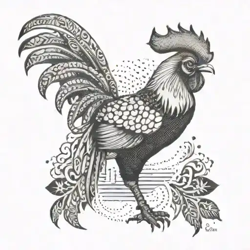 A dotwork tattoo of a rooster crowing at sunrise, with elements of Indonesian batik patterns woven into the feathers tattoo design idea