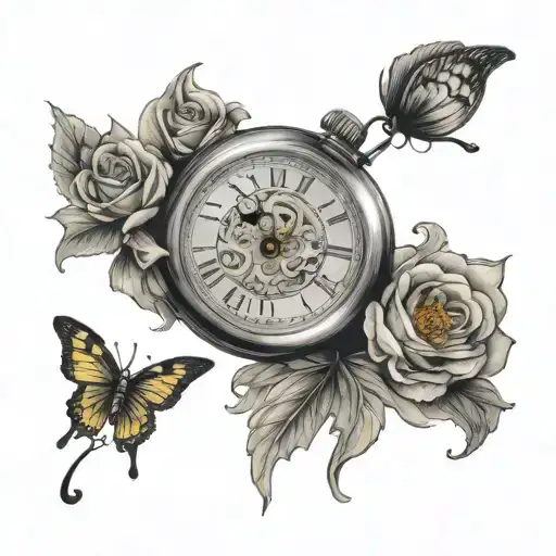 For arm half sleeve open pocket watch with the name Cecelia engraved on the not clock side. A single yellow butterfly la tattoo design idea
