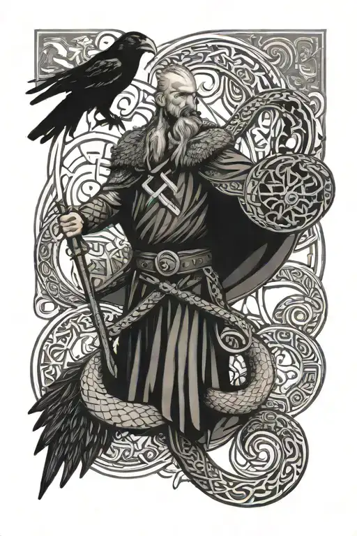 Viking with ravens; snake, runes, tattoo design idea