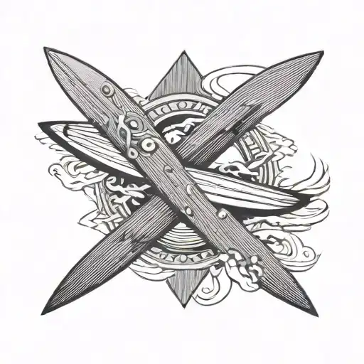 PLAGE DE SABLE AVEC UNE PLANCHE DE SURF. AU DESSUS DE CETTE PLAGE, IL YA UNE CROIX CHRETIENNE ET DES AILES D ANGE tattoo design idea