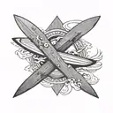 PLAGE DE SABLE AVEC UNE PLANCHE DE SURF. AU DESSUS DE CETTE PLAGE, IL YA UNE CROIX CHRETIENNE ET DES AILES D ANGE tattoo design idea