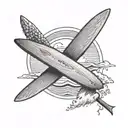 PLAGE DE SABLE AVEC UNE PLANCHE DE SURF. AU DESSUS DE CETTE PLAGE, IL YA UNE CROIX CHRETIENNE ET DES AILES D ANGE tattoo design idea