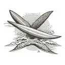 PLAGE DE SABLE AVEC UNE PLANCHE DE SURF. AU DESSUS DE CETTE PLAGE, IL YA UNE CROIX CHRETIENNE ET DES AILES D ANGE tattoo design idea