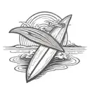 PLAGE DE SABLE AVEC UNE PLANCHE DE SURF. AU DESSUS DE CETTE PLAGE, IL YA UNE CROIX CHRETIENNE ET DES AILES D ANGE tattoo design idea