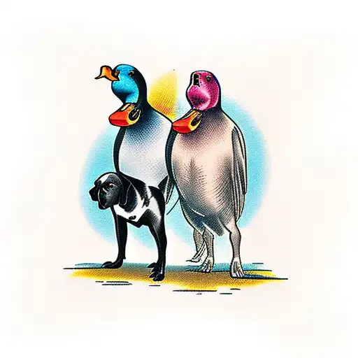 black lab and malard duck looking at each other tattoo design idea