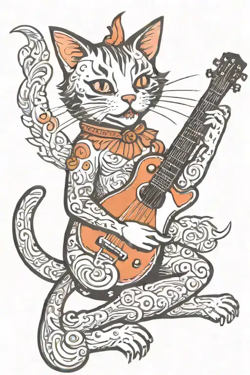 cool cat playing guitar tattoo design idea