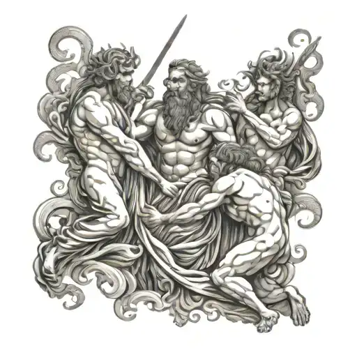 Zeus, hades and poseidon fighting each other tattoo design idea