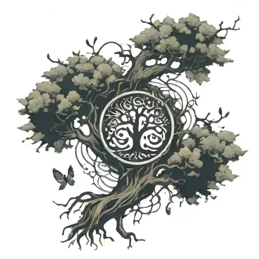 sacrifice written in Japanese, Memento Mori, the tree of life  tattoo design idea
