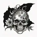 sacrifice in Japanese in thin font, Memento mori illustration, the three of life in detail  tattoo design idea