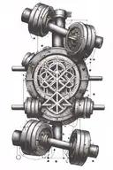 A tattoo design combining the elements of a barbell, a mathematical equation, and a martial arts symbol tattoo design idea