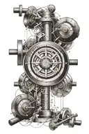 A tattoo design combining the elements of a barbell, a mathematical equation, and a martial arts symbol tattoo design idea