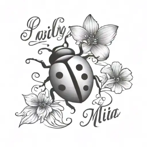 Lady Bug with the name Mila name in cursive tattoo design idea