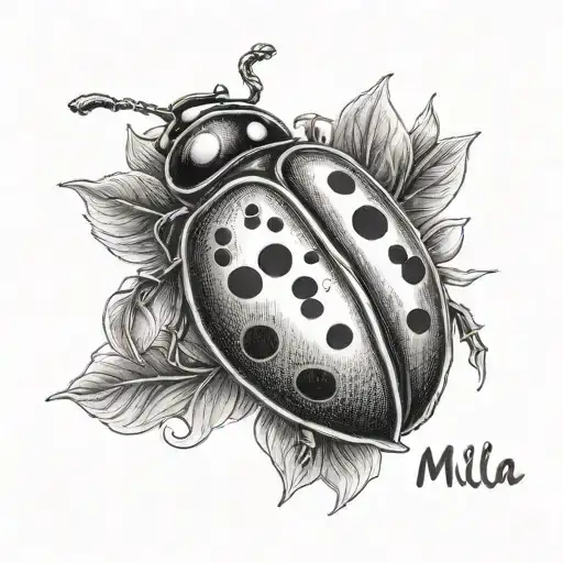 Lady Bug with the name Mila name in cursive tattoo design idea
