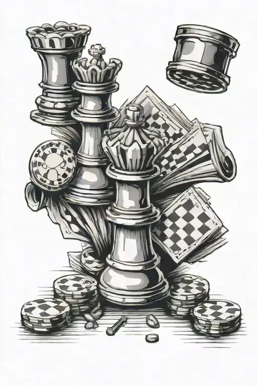 poker chips and chess pieces forming out of a book  tattoo design idea