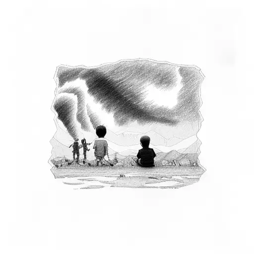 man and child watching a tornado  tattoo design idea