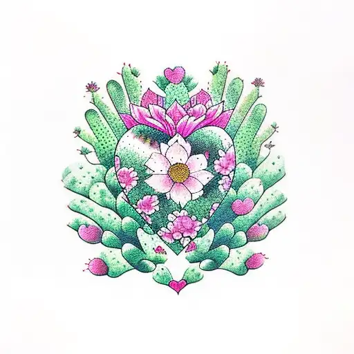 Heart oozing with love, flowers, cactus, pine trees, mountains tattoo design idea