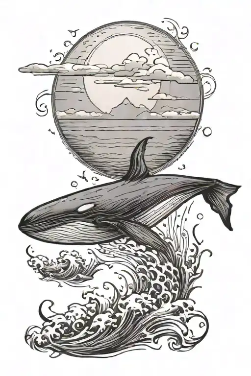 whale jumping of the sea with moon surrounded tattoo design idea