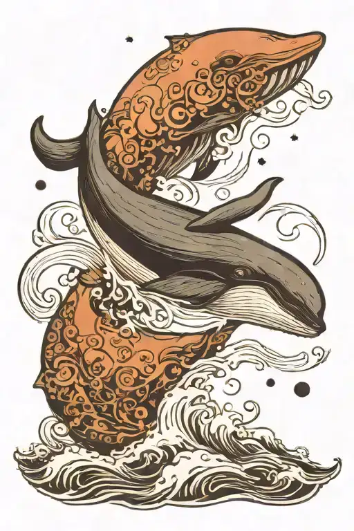 whale jumping of the sea with moon surrounded tattoo design idea