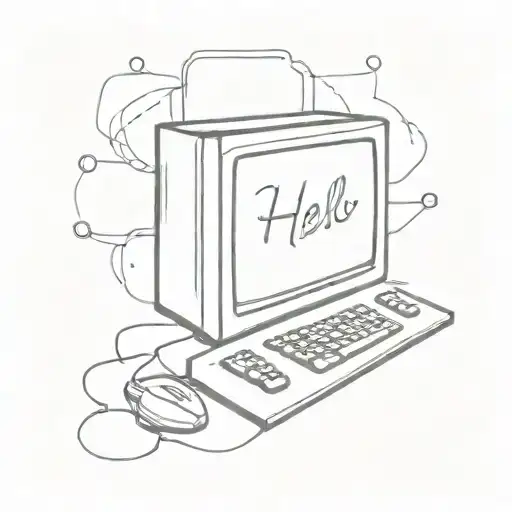stylized personal computer with php hello world writing tattoo design idea