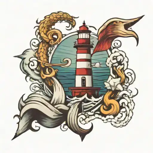 lighthouse, anchor and waves tattoo design idea