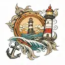 lighthouse, anchor and waves tattoo design idea