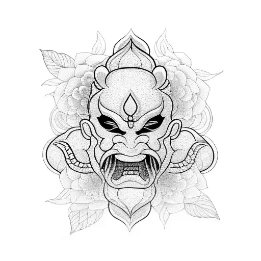 A blackwork tattoo of a Japanese Oni mask surrounded by Indian lotus flowers, symbolizing strength and purity tattoo design idea