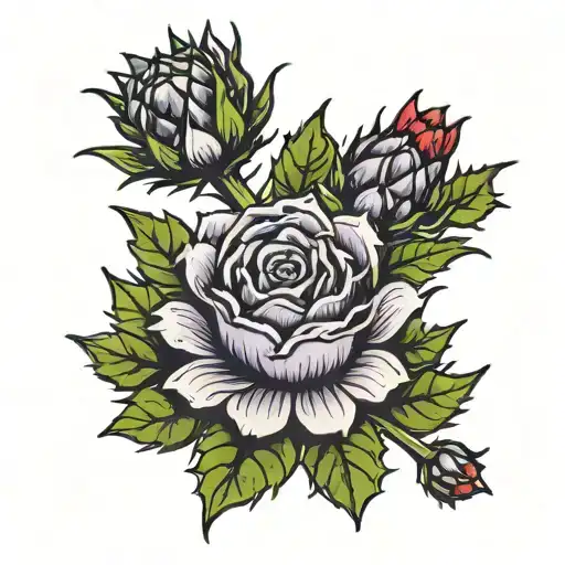 thistle rose holly flowers tattoo design idea