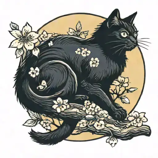 black cat sitting on a cherry blossom tree add moon tattoo design idea