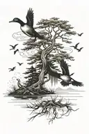 cypress tree and ducks flying tattoo design idea
