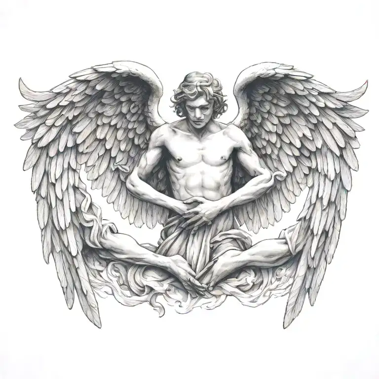 flying angel holding hands reaching tattoo design idea