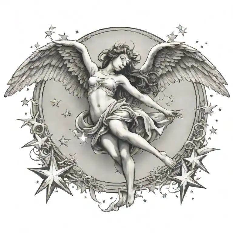 flying angel falling star tattoo design idea