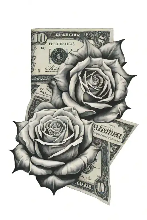 100  dollar bill  rose wrapped tattoo design idea