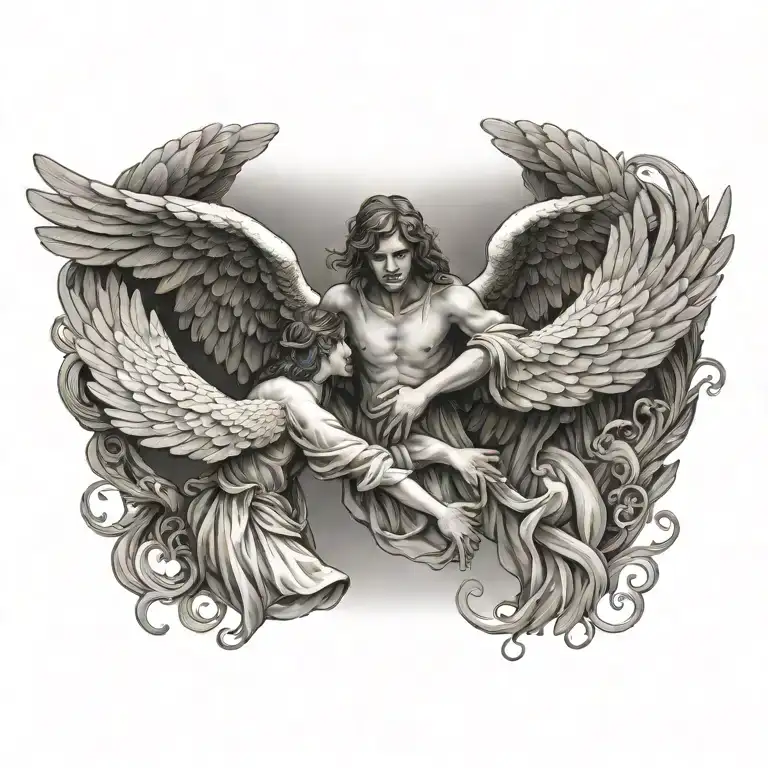 flying angel holding hands reaching towards tattoo design idea
