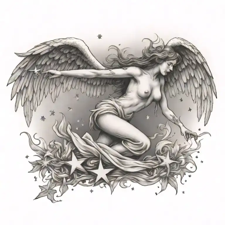 flying angel falling star tattoo design idea