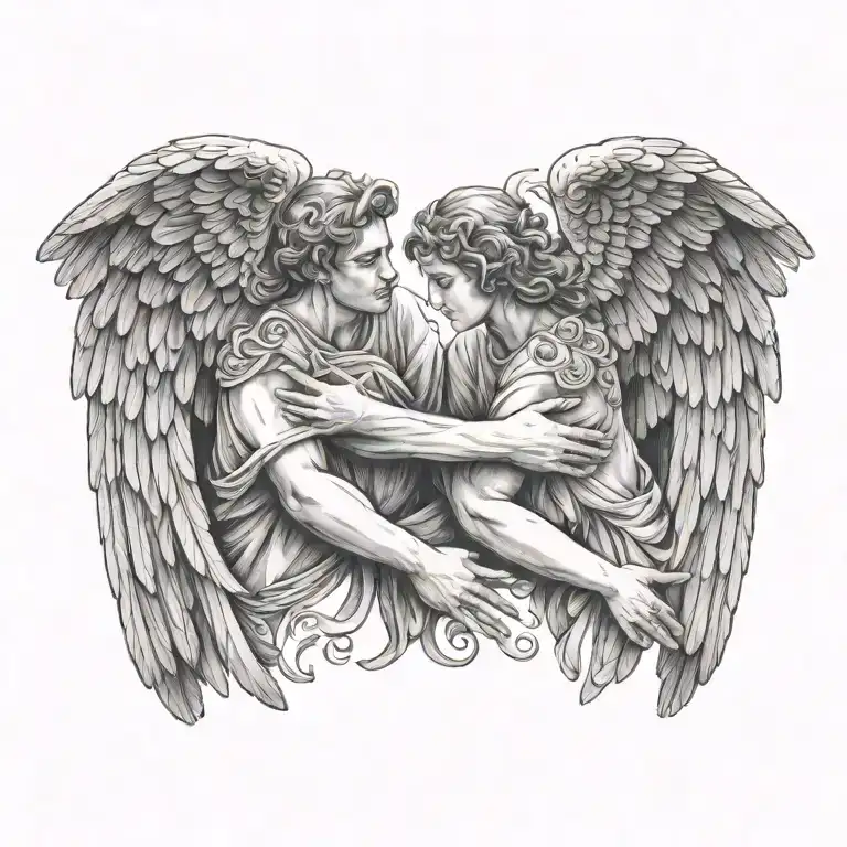flying angel holding hands reaching tattoo design idea