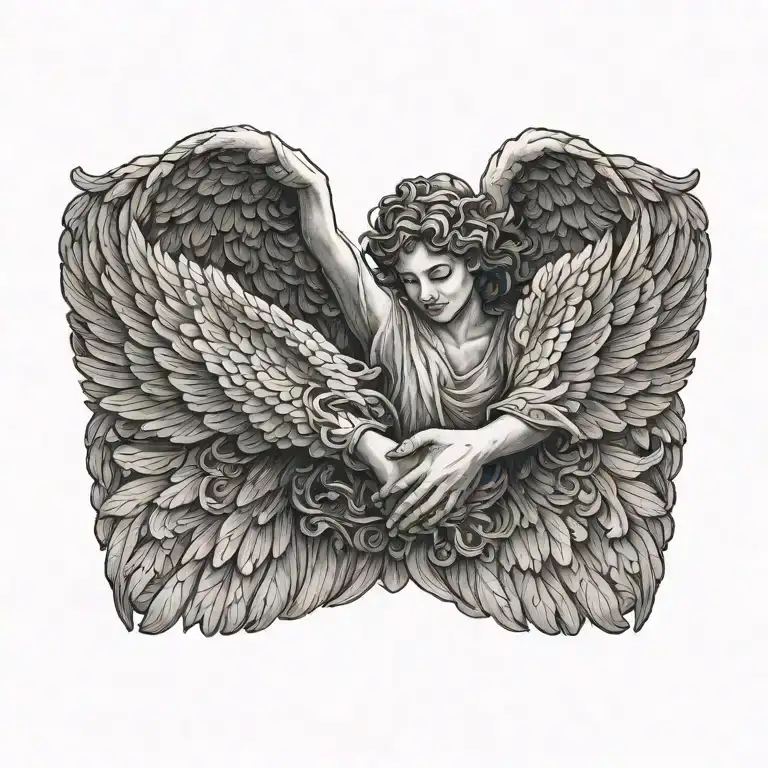 flying angel holding hands reaching towards tattoo design idea