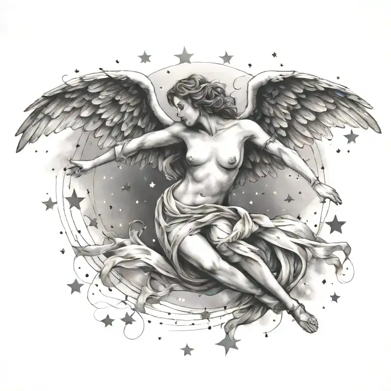 flying angel falling star constellation merging tattoo design idea