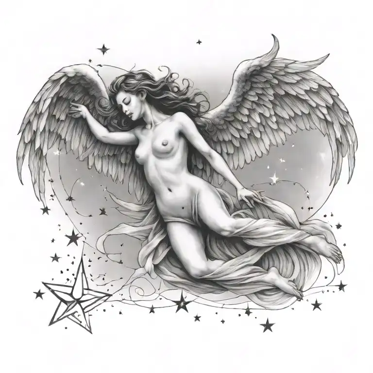 flying angel falling star constellation merging tattoo design idea