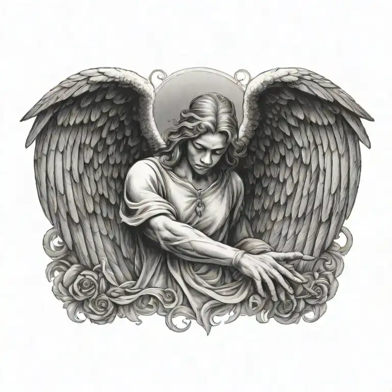 flying angel holding hands reaching towards tattoo design idea