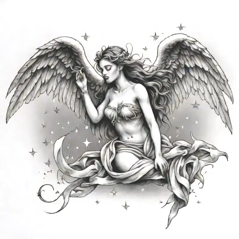 flying angel falling star tattoo design idea