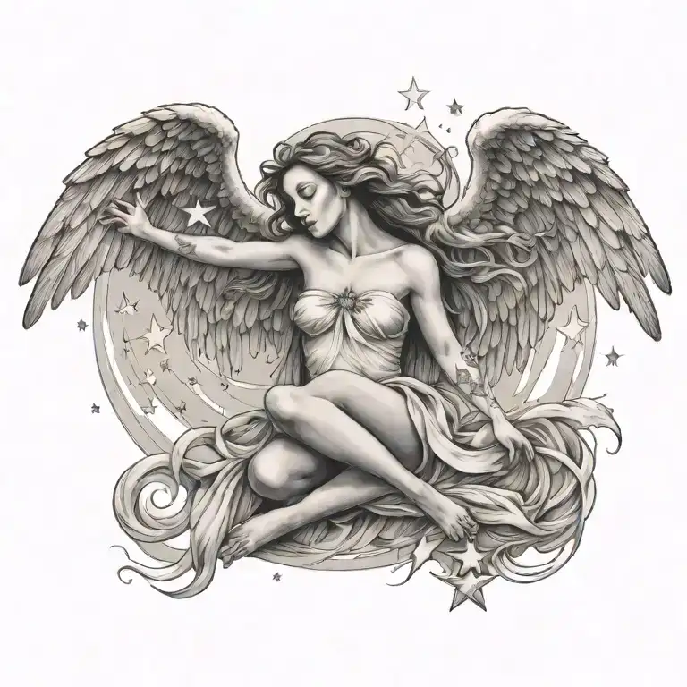 flying angel falling star tattoo design idea