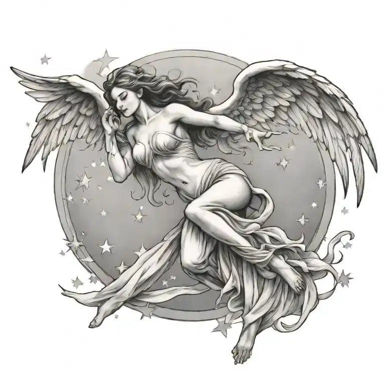 flying angel falling star tattoo design idea