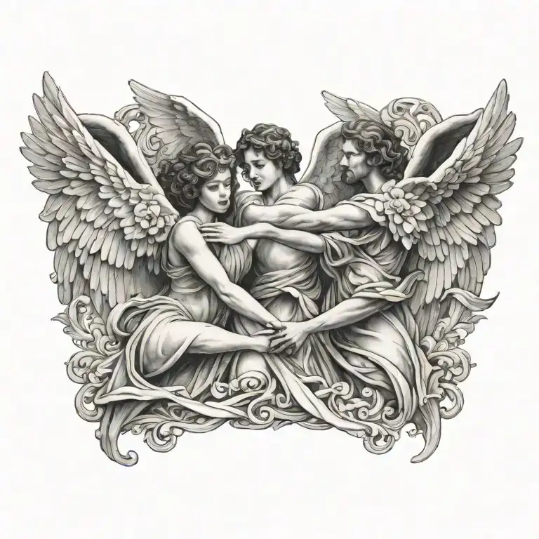flying angel holding hands reaching towards tattoo design idea