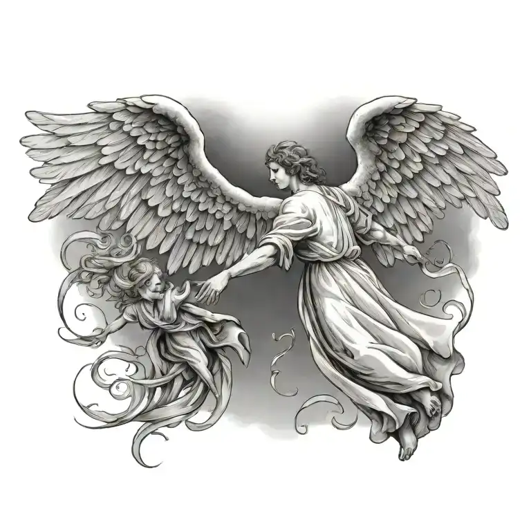 flying angel holding hands reaching tattoo design idea