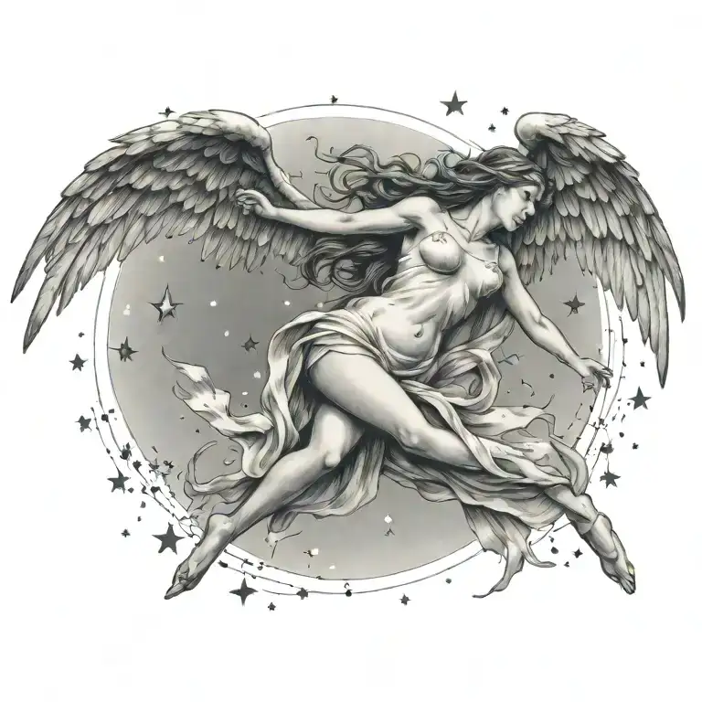 flying angel falling star constellation merging tattoo design idea