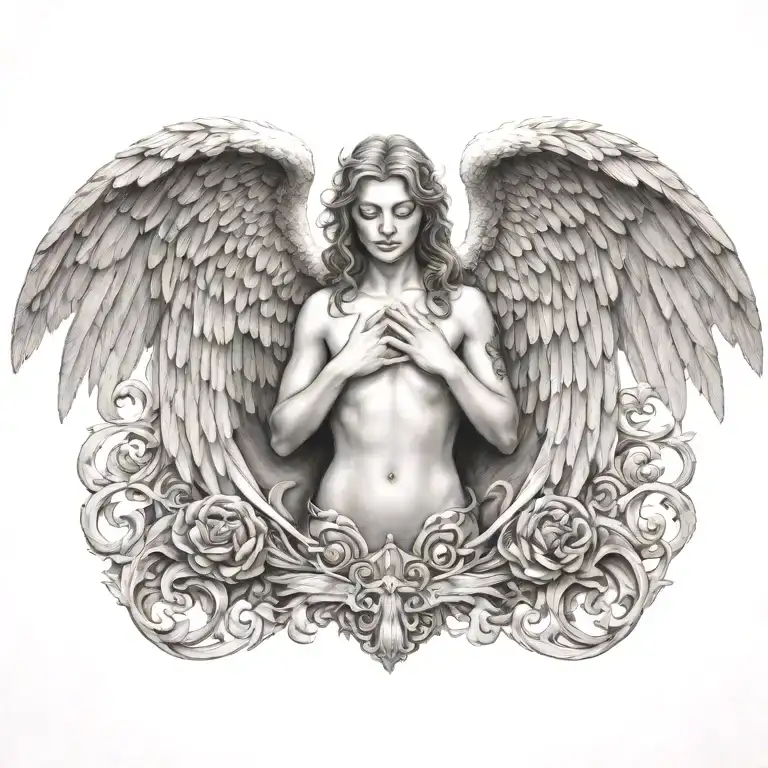 angel heaven gates across chest tattoo design idea